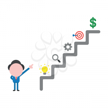 Vector illustration of faceless businessman character pointing top of stairs, light bulb idea, magnifying glass, gear, bulls eye target and dollar money on steps.