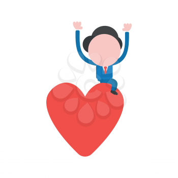 Vector illustration of faceless businessman character sitting on red heart.