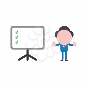 Vector illustration of faceless businessman character giving thumbs up with three check marks inside chart board.