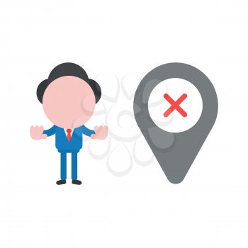 Vector illustration of faceless businessman character showing hand stop sign with map pointer and x mark.