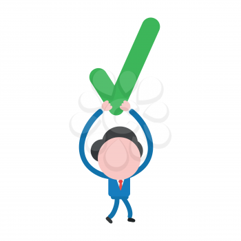 Vector illustration of faceless businessman character walking and holding up check mark.