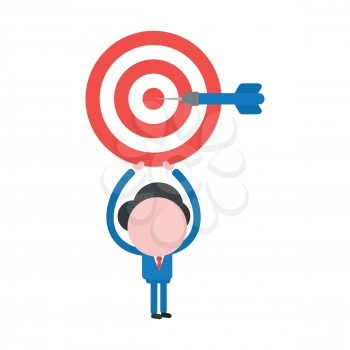 Vector illustration of faceless businessman character holding up bulls eye and dart in the center.