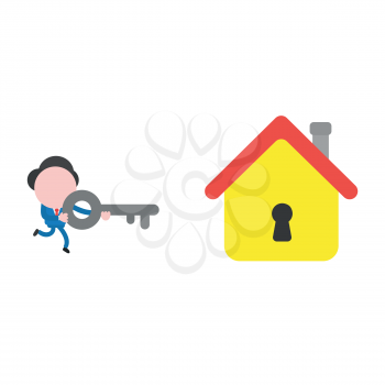 Vector illustration of faceless businessman character running and carrying key to unlock keyhole inside house.