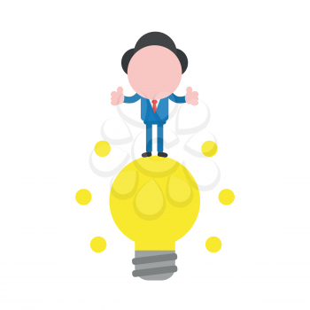 Vector illustration businessman mascot character standing on glowing yellow light bulb, good idea and giving thumbs up.