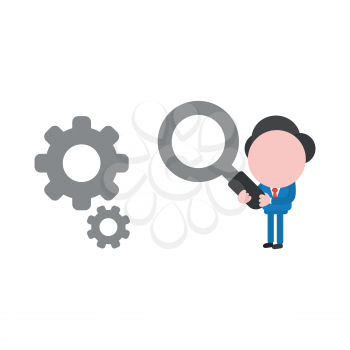 Vector illustration businessman mascot character holding magnifying glass to gears.