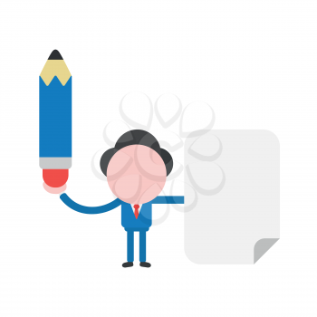 Vector illustration businessman mascot character holding pencil and blank paper.