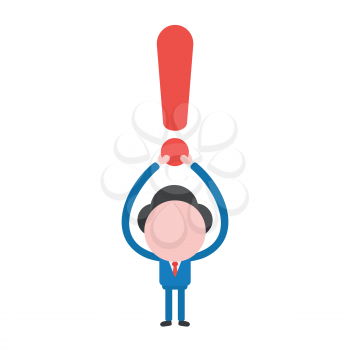 Vector illustration businessman mascot character holding up exclamation mark.