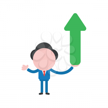 Vector illustration businessman mascot character holding arrow moving up.