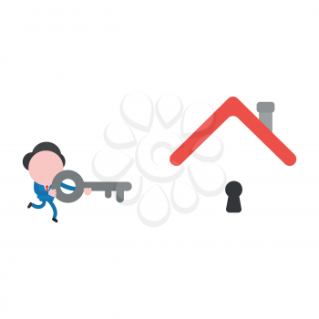 Vector illustration businessman mascot character running and holding key to unlock keyhole under house roof.