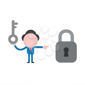 Vector illustration businessman mascot character holding key and pointing closed padlock.