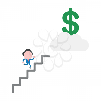 Vector illustration businessman mascot character running on stairs to reach dollar money on cloud.