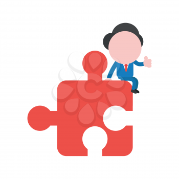 Vector illustration businessman mascot character sitting on missing jigsaw puzzle piece and giving thumbs up.
