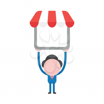 Vector illustration businessman mascot character holding up shop store with awning.