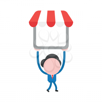 Vector illustration businessman mascot character walking and holding up shop store with awning.
