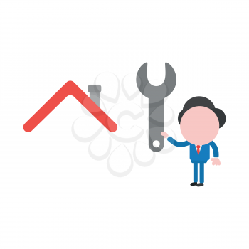Vector illustration businessman mascot character holding spanner to house roof.