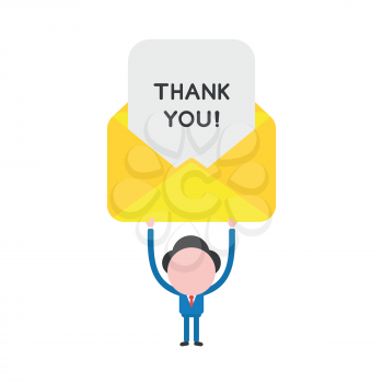 Vector illustration businessman mascot character holding up thank you written on paper inside mail envelope.