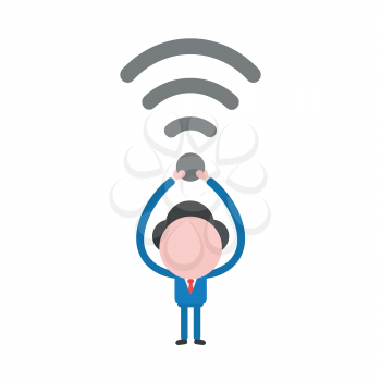 Vector illustration businessman mascot character holding up wireless wifi symbol.