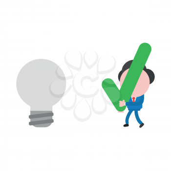 Vector illustration businessman character walking and carrying green check mark to grey light bulb icon.
