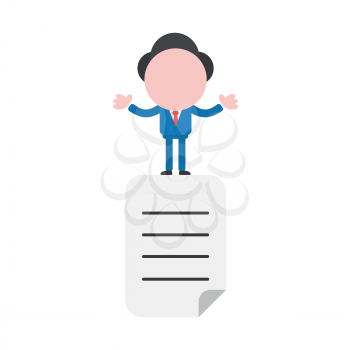 Vector illustration businessman character standing on written paper icon.