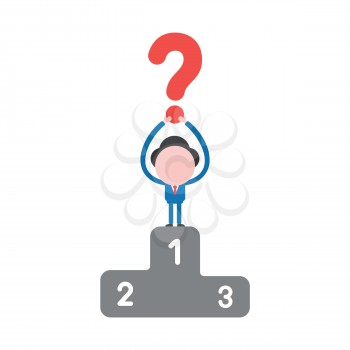 Vector illustration businessman character holding up red question mark on first place of winners podium.