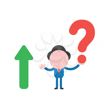 Vector illustration businessman character holding red question mark with green arrow moving up.