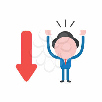 Vector illustration businessman character with red arrow moving down.