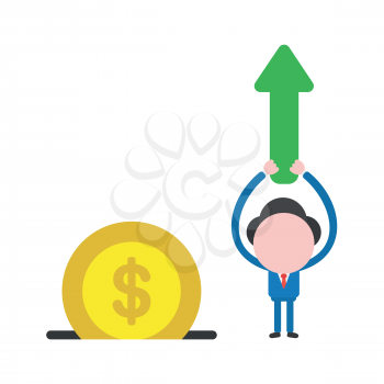 Vector illustration businessman character holding up green arrow moving up and dollar money coin into moneybox hole.