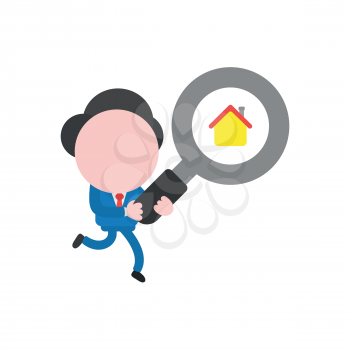 Vector illustration businessman character running and carrying magnifying glass with house icon.