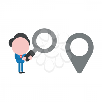 Vector illustration businessman character holding magnifying glass and looking map pointer icon.