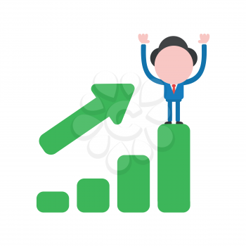 Vector illustration businessman character standing on top of green sales bar graph.