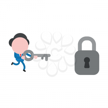Vector illustration businessman character running and holding key to unlock padlock.