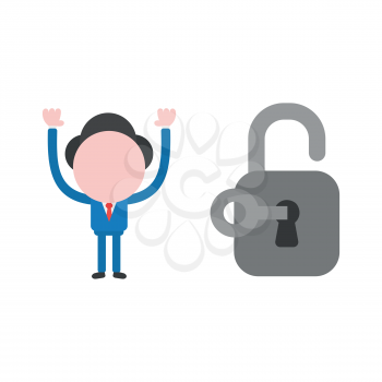 Vector illustration businessman character unlock padlock with key.
