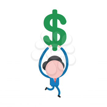 Vector illustration businessman character running and holding green dollar symbol.