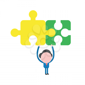 Vector illustration businessman character holding up connected jigsaw puzzle pieces.