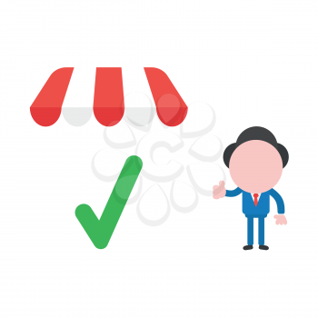 Vector illustration businessman character giving thumbs up with green check mark under shop store awning.
