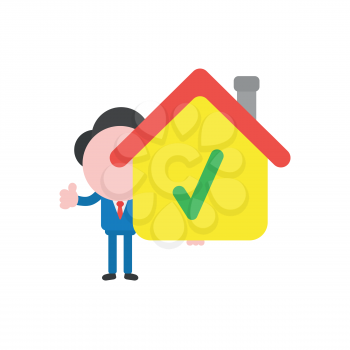 Vector illustration businessman character holding house with green check mark icon.
