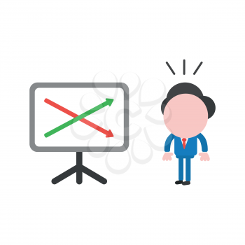 Vector illustration businessman character suprised and looking sales chart arrows moving up and down.