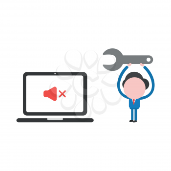 Vector illustration businessman character with laptop computer and sound off symbol and holding up spanner to repair.