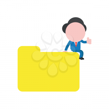Vector illustration businessman character sitting on closed file folder and showing thumbs up.