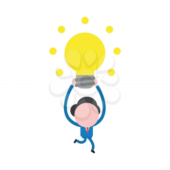 Vector illustration businessman character running and holding up glowing light bulb.