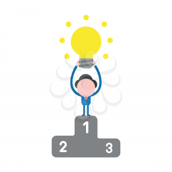 Vector illustration businessman character holding up glowing light bulb on first place of winners podium.