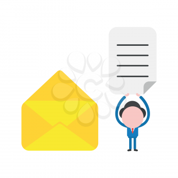 Vector illustration businessman character with open envelope and holding up written paper.
