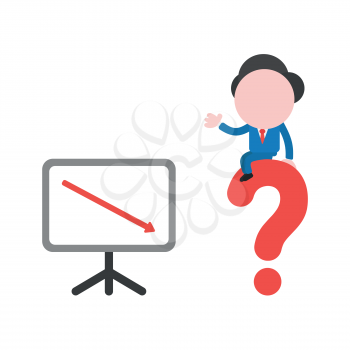 Vector illustration businessman character with sales chart moving down and sitting on question mark.