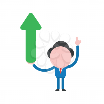 Vector illustration businessman character pointing up and holding arrow moving up.