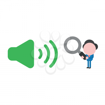 Vector illustration businessman character holding magnifying glass and looking to green sound on icon.