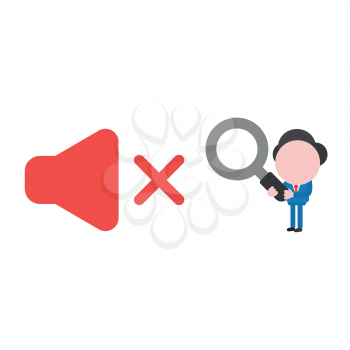 Vector illustration businessman character holding magnifying glass and looking to red sound off icon.