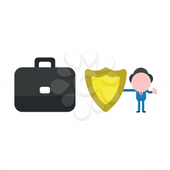 Vector illustration businessman character holding guard shield and showing thumbs up with briefcase.