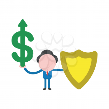 Vector illustration businessman character holding dollar symbol with arrow moving up and guard shield.