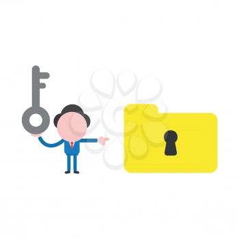 Vector illustration businessman character holding key and pointing file folder keyhole.