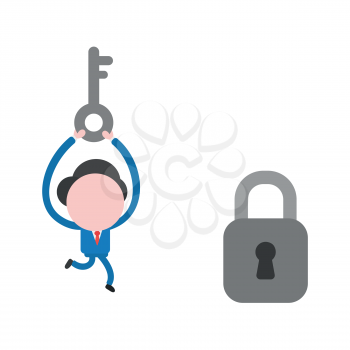 Vector illustration businessman character running and carrying key to unlock padlock.